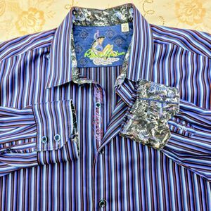 Men's Robert Graham 2XL Striped Purple/Black‎ Front Long Sleeve Flip Cuff $188